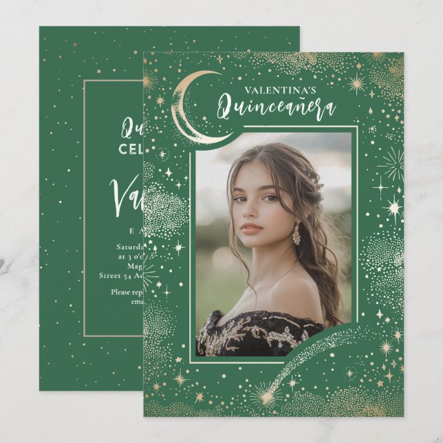 Celestial Gold Stars Moon Night Quinceanera Photo Invitation (Front/Back)