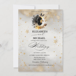 Celestial Gold Stars Moons Flowers Script Invitation