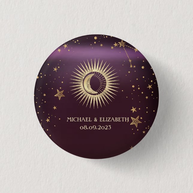 Celestial Gold Sun And Moon Stars Burgundy 1 Inch Round Button (Front)