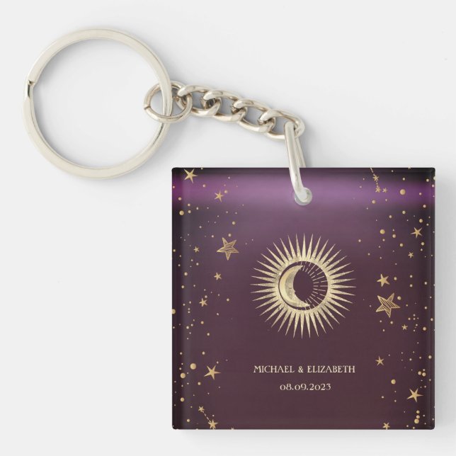 Celestial Gold Sun And Moon Stars Burgundy Keychain (Front)