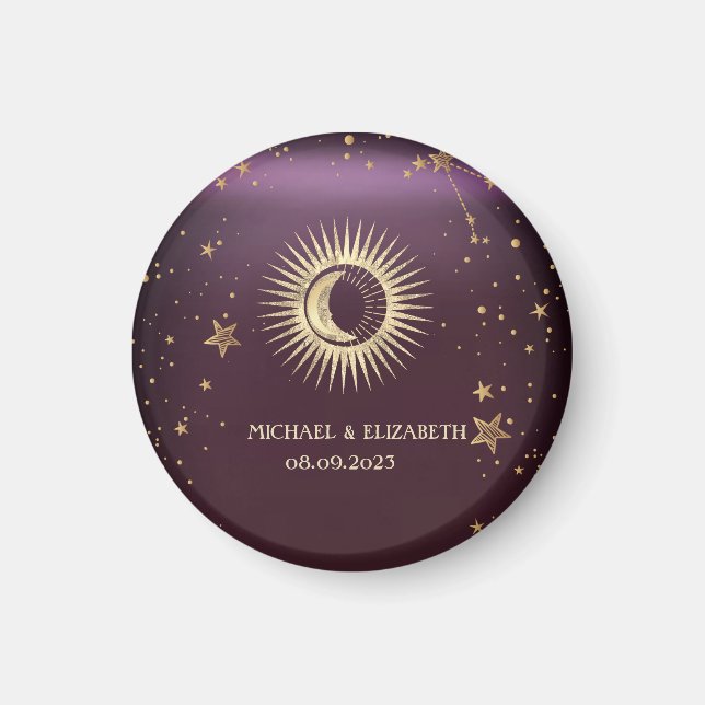 Celestial Gold Sun And Moon Stars Burgundy Magnet (Front)