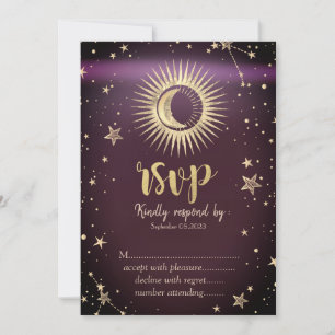 Celestial Gold Sun And Moon Stars Burgundy RSVP Invitation