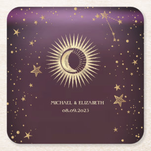 Celestial Gold Sun And Moon Stars Burgundy Square Paper Coaster