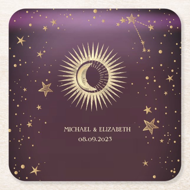Celestial Gold Sun And Moon Stars Burgundy Square Paper Coaster (Front)