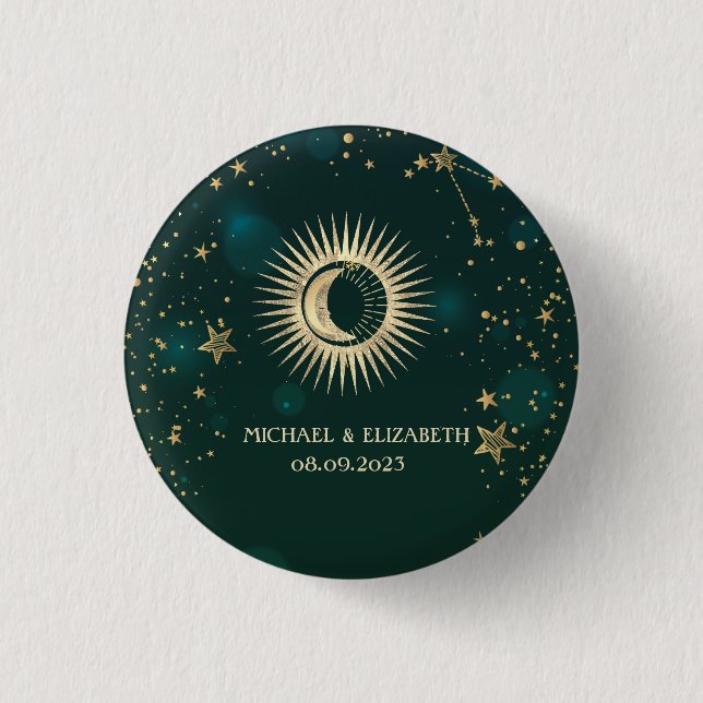 Celestial Gold Sun And Moon Stars Green 1 Inch Round Button (Front)