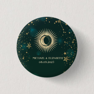 Celestial Gold Sun And Moon Stars Green 1 Inch Round Button