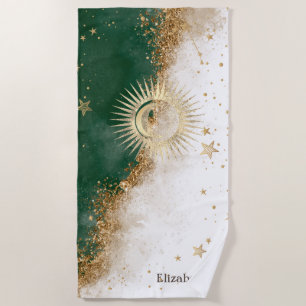 Celestial Gold Sun And Moon Stars Green Beach Towel