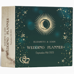 Celestial Gold Sun And Moon Stars Green Binder