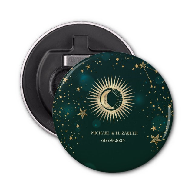 Celestial Gold Sun And Moon Stars Green Bottle Opener (Front)