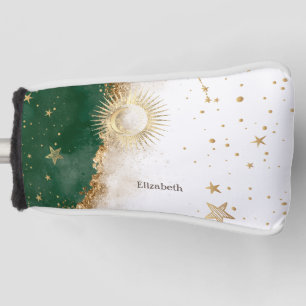 Celestial Gold Sun And Moon Stars Green Golf Head Cover
