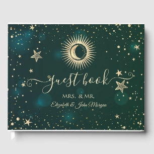 Celestial Gold Sun And Moon Stars Green Guest Book