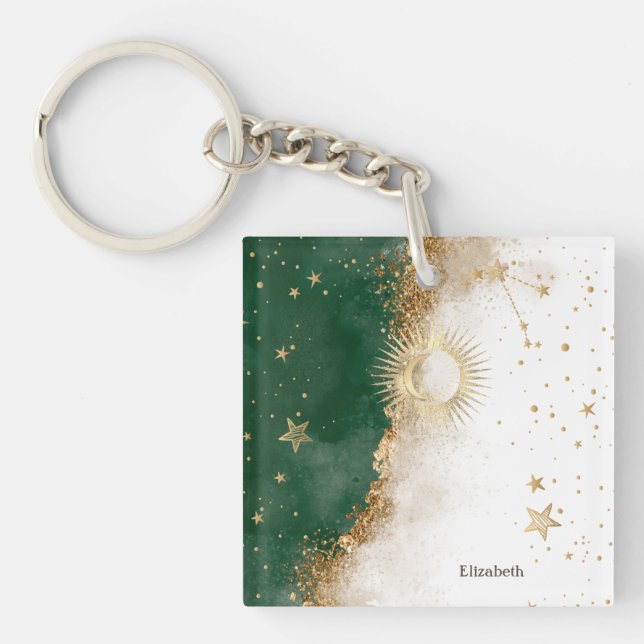 Celestial Gold Sun And Moon Stars Green Keychain (Front)