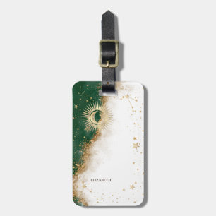 Celestial Gold Sun And Moon Stars Green Luggage Tag