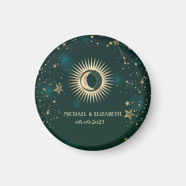 Celestial Gold Sun And Moon Stars Green Magnet (Front)