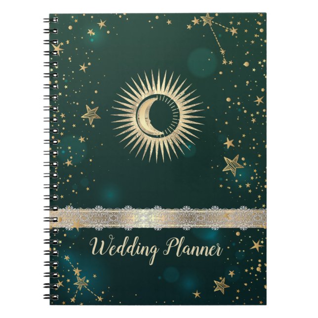 Celestial Gold Sun And Moon Stars Green Notebook (Front)