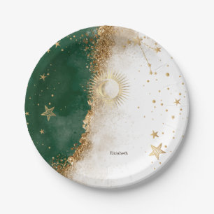 Celestial Gold Sun And Moon Stars Green Paper Plate