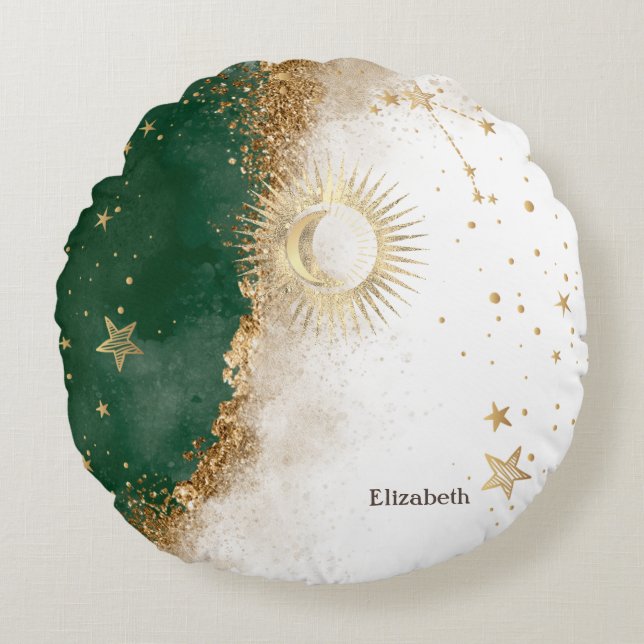 Celestial Gold Sun And Moon Stars Green Round Pillow (Front)