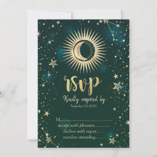 Celestial Gold Sun And Moon Stars Green RSVP Invitation