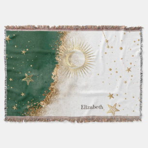 Celestial Gold Sun And Moon Stars Green Throw Blanket