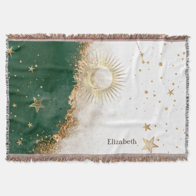 Celestial Gold Sun And Moon Stars Green Throw Blanket (Front)