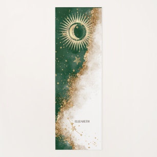 Celestial Gold Sun And Moon Stars Green Yoga Mat