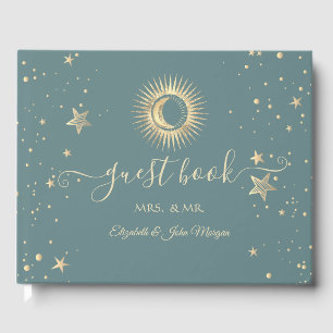 Celestial Gold Sun And Moon Stars Mint Green Guest Book