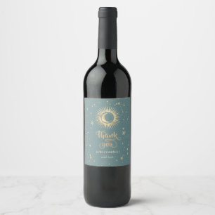 Celestial Gold Sun And Moon Stars Mint Green Wine Label