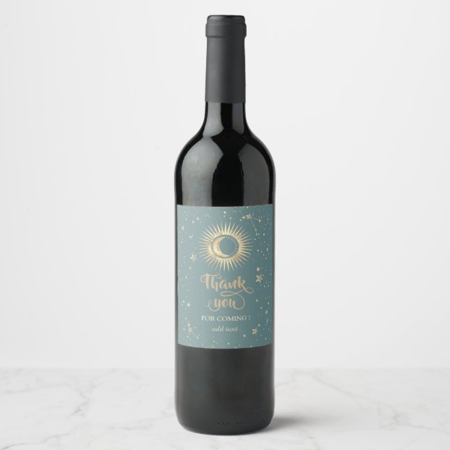Celestial Gold Sun And Moon Stars Mint Green Wine Label (Front)