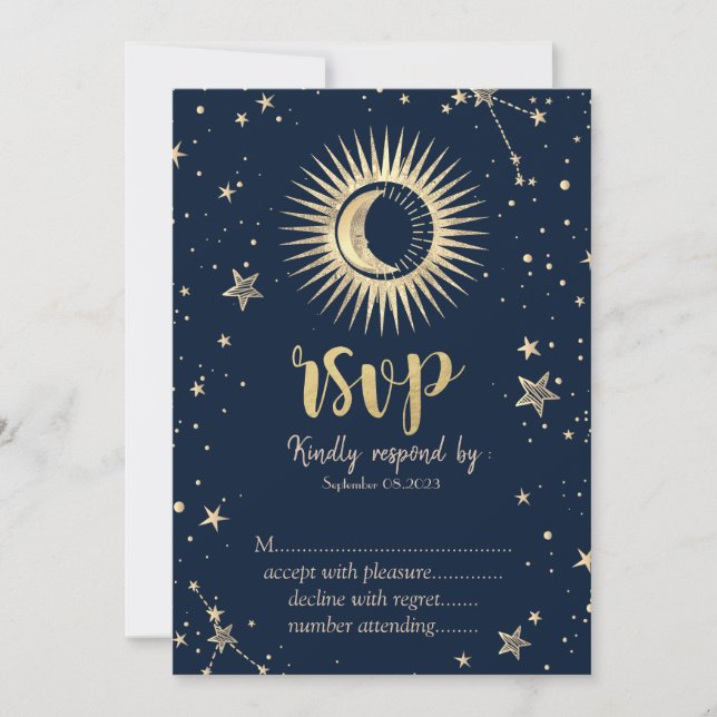 Celestial Gold Sun And Moon Stars RSVP   Invitation (Front)