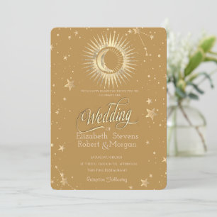 Celestial Gold Sun And Moon Stars Vintage Wedding Invitation