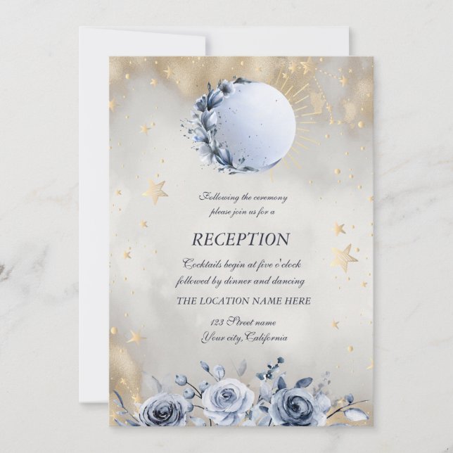 Celestial Gold Sun,Blue Moon Roses Gold Stars  Invitation (Front)