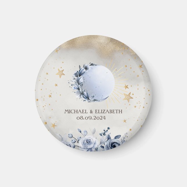 Celestial Gold Sun,Blue Moon Roses Gold Stars  Magnet (Front)