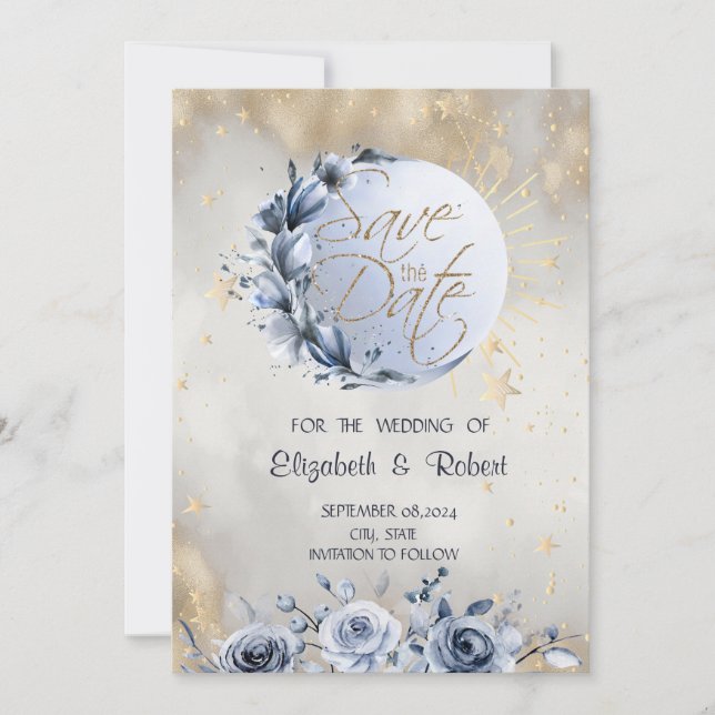 Celestial Gold Sun,Blue Moon Roses Stars  Save The Date (Front)
