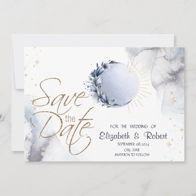 Celestial Gold Sun,Blue Moon,Stars  Save The Date (Front)