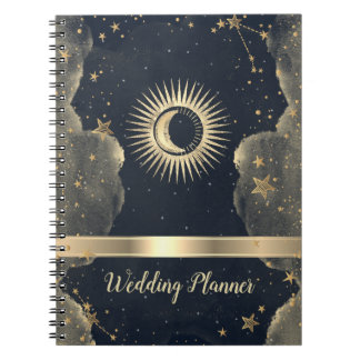 Celestial Gold Sun,Moon,Clouds Stars Night Sky Notebook