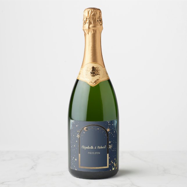 Celestial Gold Sun  Moon Gold Glitter Sparkling Wine Label (Front)