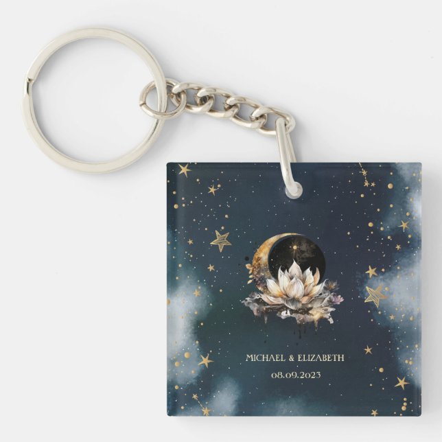 Celestial Gold Sun,Moon,Lotus Stars Night Sky  Keychain (Front)