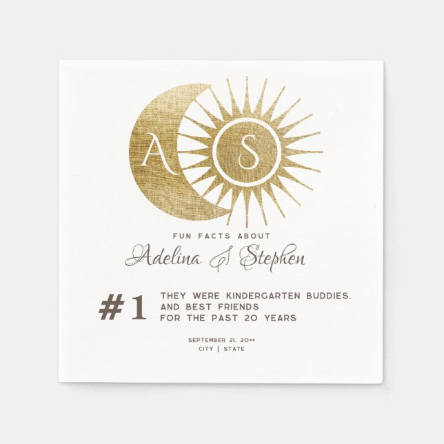 Celestial Gold Sun Moon Monogram Crest Fun Facts Napkin (Front)