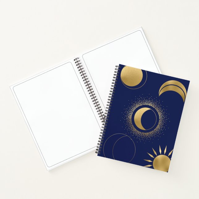 Celestial gold sun moon phases eclipse purple blue notebook (Inside)