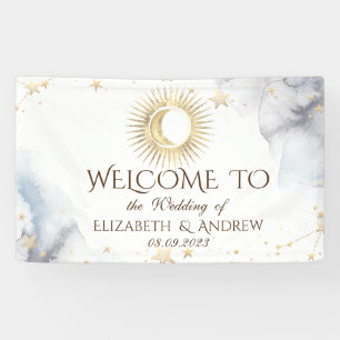 Celestial Gold Sun,Moon,Stars Banner