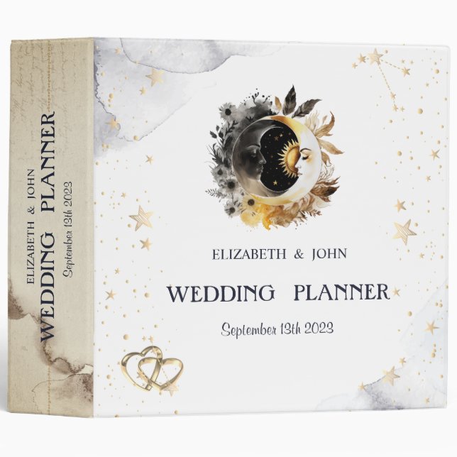 Celestial Gold Sun,Moon,Stars Flowers Binder (Front/Spine)