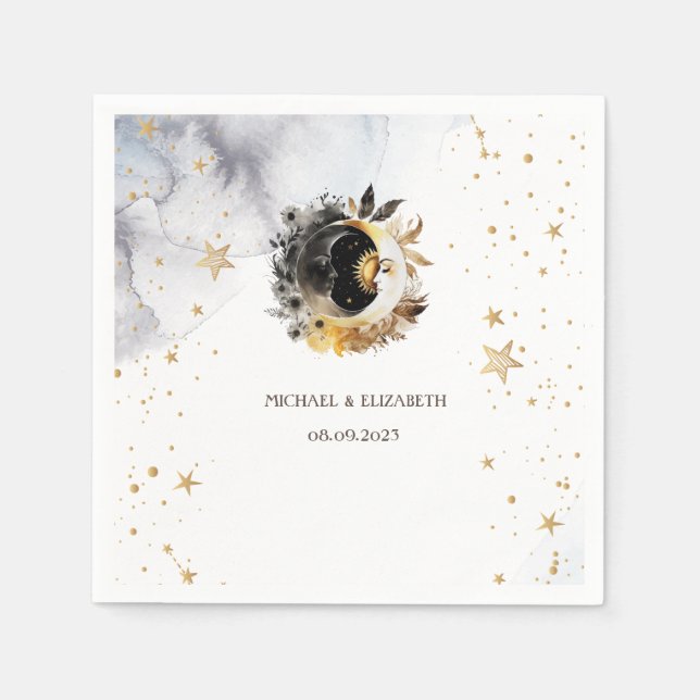Celestial Gold Sun,Moon,Stars Flowers Napkin (Front)