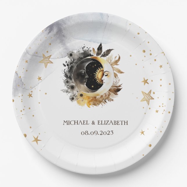 Celestial Gold Sun,Moon,Stars Flowers Paper Plate (Front)
