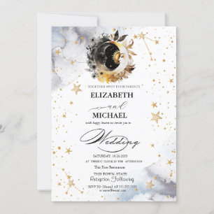 Celestial Gold Sun,Moon,Stars Flowers Script Invitation