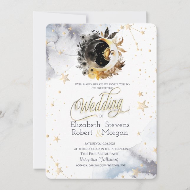 Celestial Gold Sun,Moon,Stars Flowers Wedding   Invitation (Front)