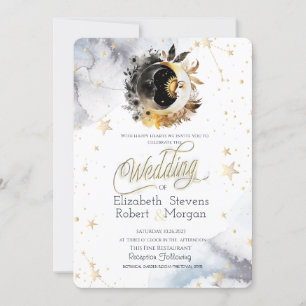 Celestial Gold Sun,Moon,Stars Flowers Wedding Invitation