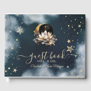 Celestial Gold Sun,Moon,Stars Lotus Night Sky  Guest Book