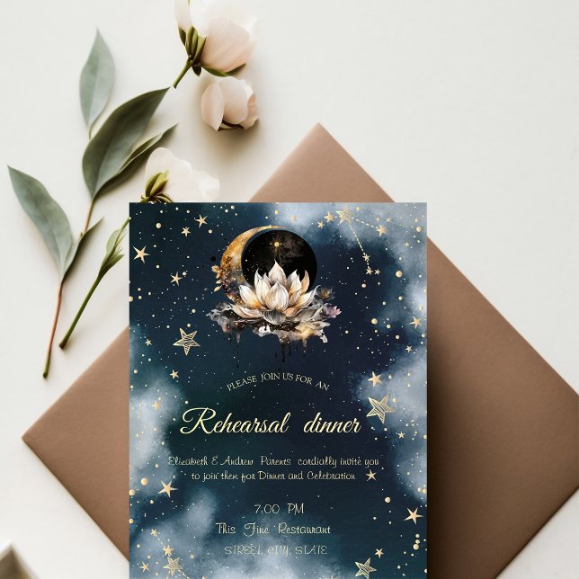 Celestial Gold Sun,Moon,Stars Lotus Night Sky Invitation (Creator Uploaded)