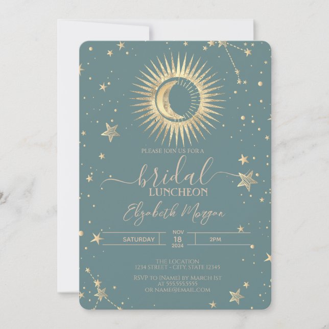 Celestial Gold Sun Moon Stars Luncheon Mint Green Invitation (Front)
