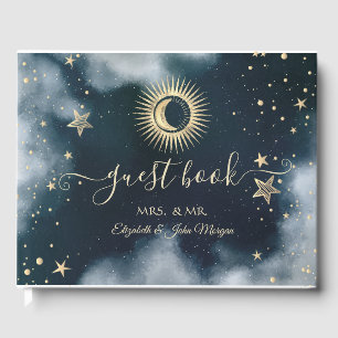 Celestial Gold Sun,Moon,Stars Night Sky  Guest Book
